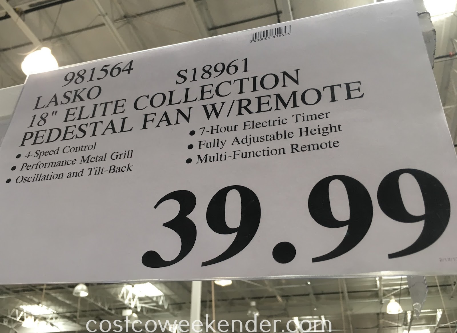 Lasko S18961 Elite Collection 18in Pedestal Fan with Remote Oscillation