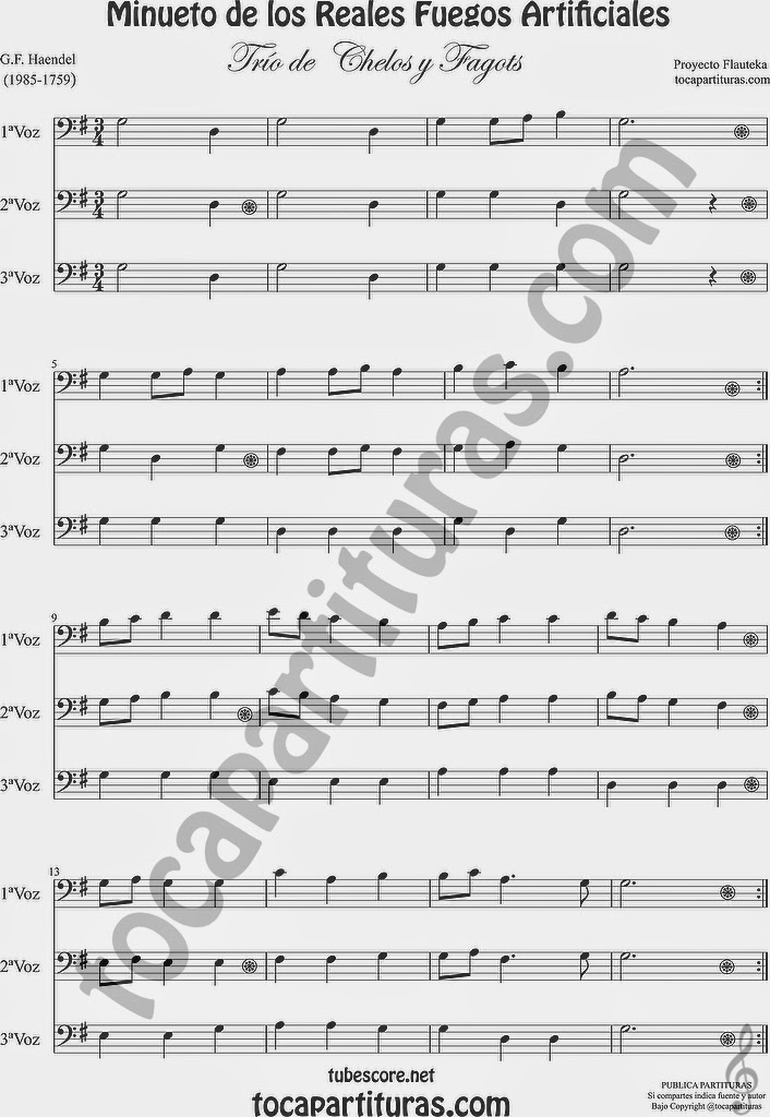  Minueto de los Reales Fuegos Artificiales Partitura de Violonchelo y Fagot Sheet Music for Cello and Bassoon Music Scores Trío para chelistas y fagotistas de by G.F. Haendel