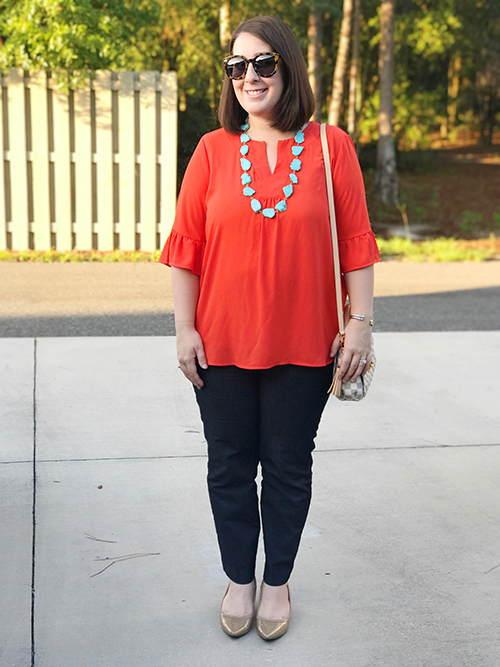 orange ruffle shirt