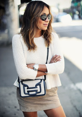 Women's fashion | White sweater, camel skirt and Ray Ban | Just a ...