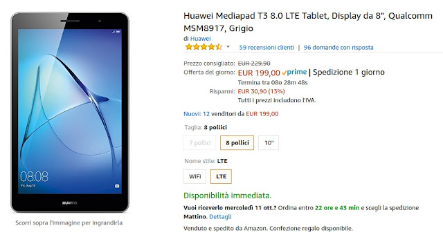 Offerta del giorno Amazon: Huawei Mediapad T3 8.0 LTE a 199 euro venduto e spedito da Amazon
