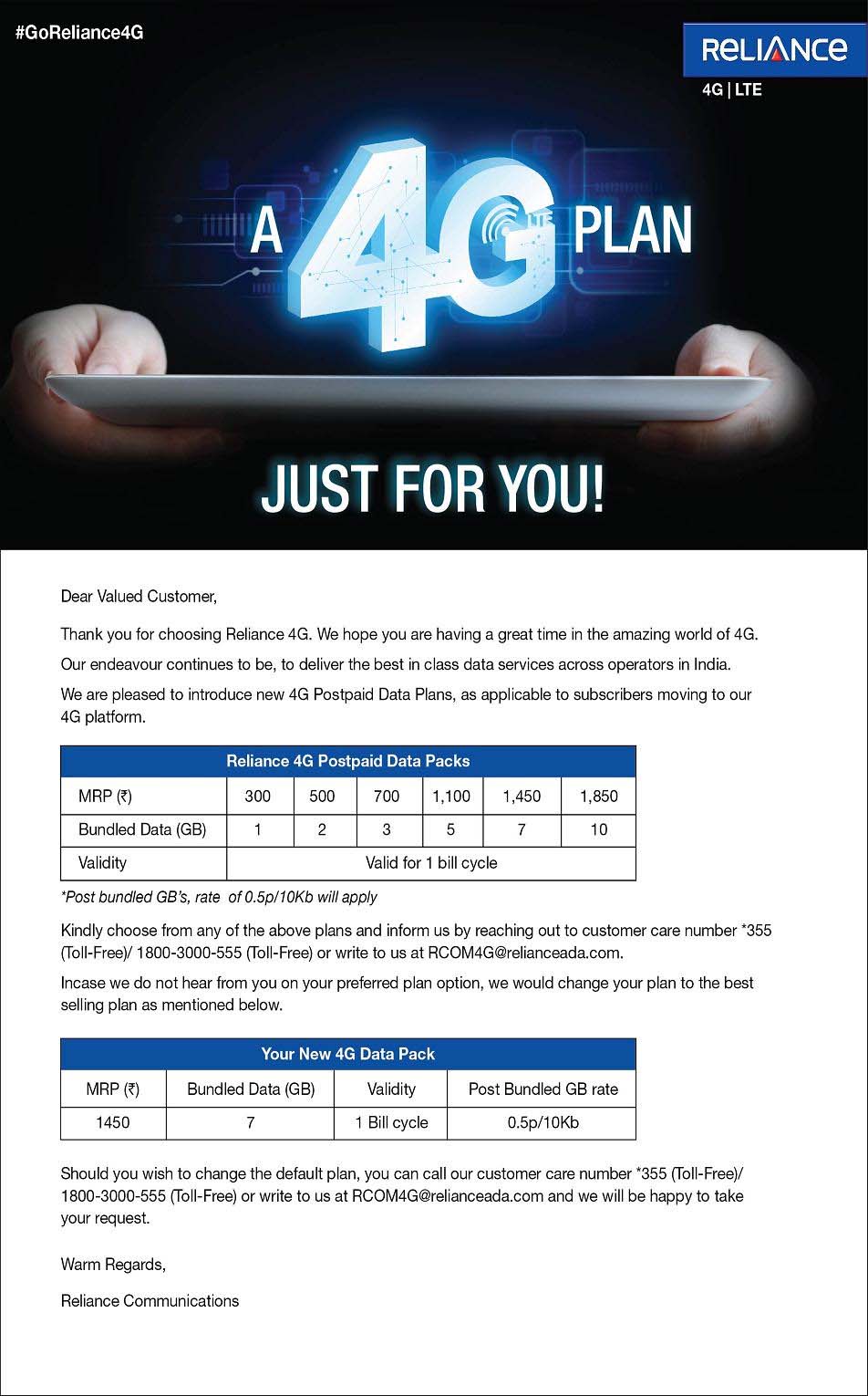 Reliance 4G Packs for Prepaid & Postpaid