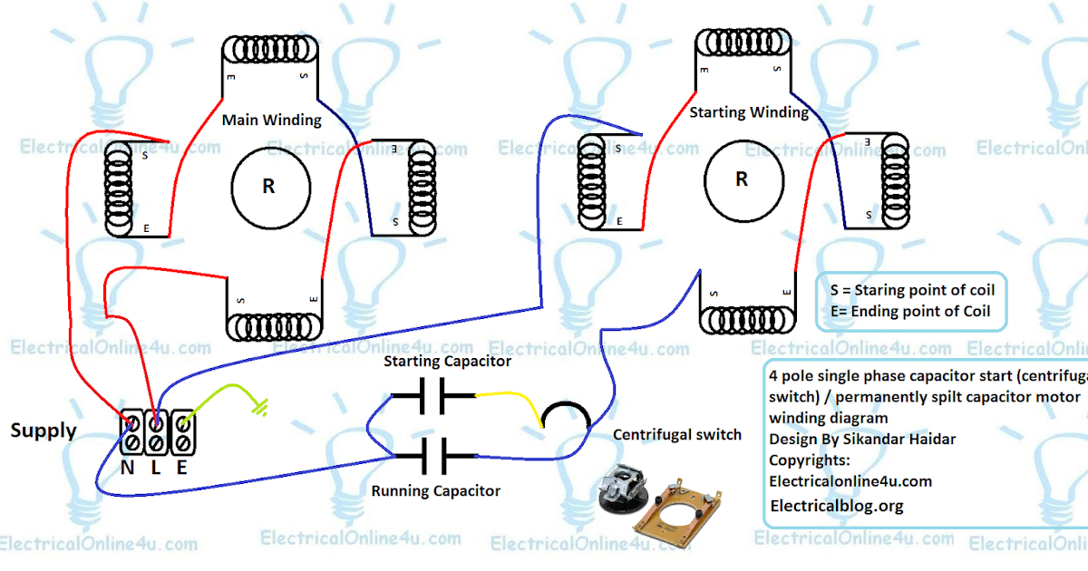 Single Phase 4 Pole Induction Motor Winding Diagram - Electricalonline4u