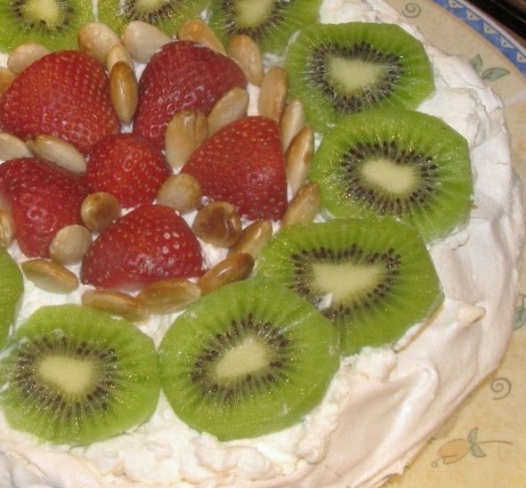 SWEET ALMOND TREE PAVLOVA WITH CHANTILLY CREAM AND BUTTER TOASTED ALMONDS