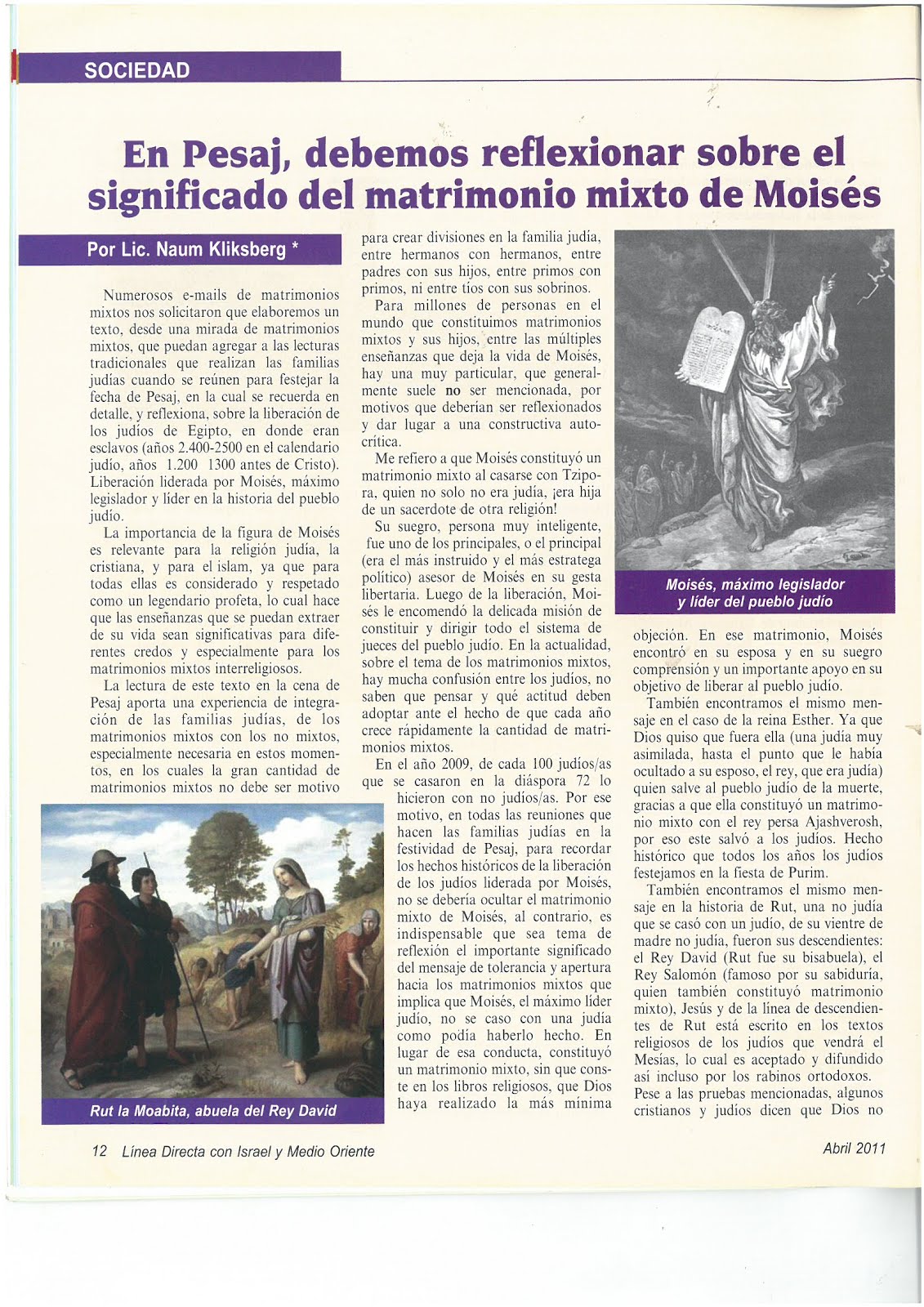 49 - Revista Israelí Linea Directa con Israel y Medio Oriente.04/2011. Artículo de Naum Kliksberg