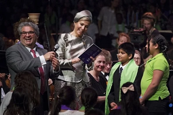 Queen Maxima of The Netherlands arrives in the Westergasfabriek (Westergasfactory) for the 10-year-anniversary of the Leerorkest (Learing-orchestra)