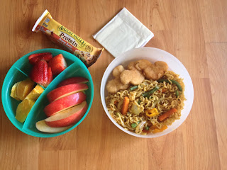 Veggie noodles and chicken nuggets
