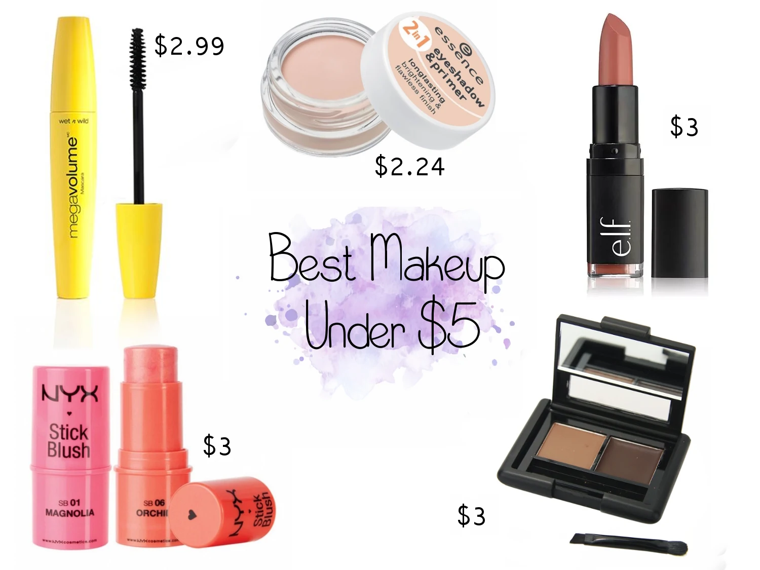beauty collage with 5 best makeup products under 5 dollars