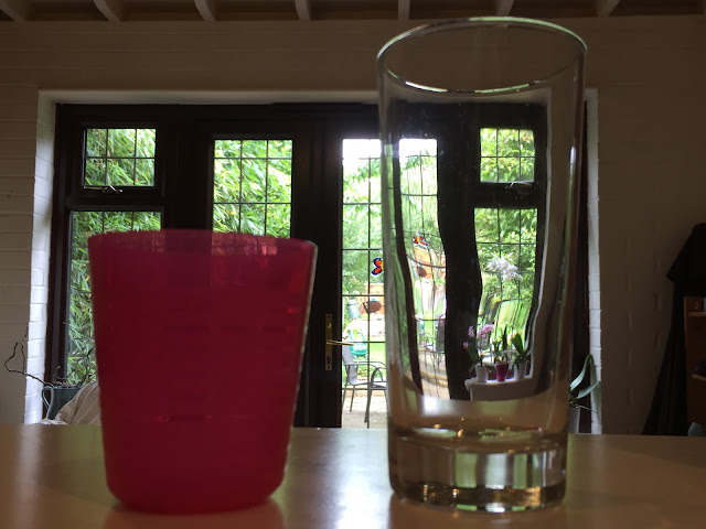 Pink ikea plastic glass on shelf next to a tall glass glass in front of patio windows