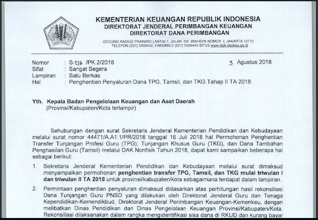 Surat Menkeu Ke Pemda Tentang Penghentian Penyaluran Dana TPG, Tamsil, dan TKG Tahap II TA 2018, Sentra Pendidikan