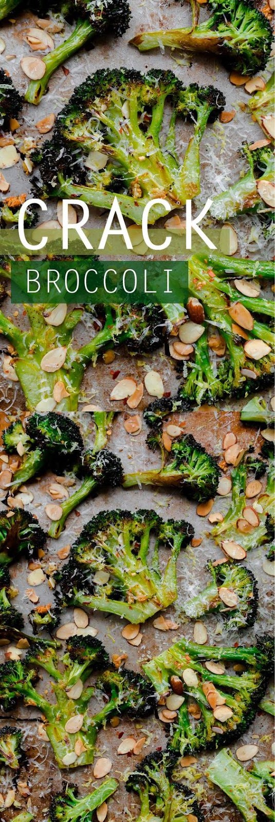 Roasted broccoli tossed with sliced toasted almonds, red pepper flakes, garlic, lemon juice, and aged pecorino cheese. Aka. ‘crack broccoli’. You won’t be able to stop eating this delicious side dish! Vegetarian and naturally gluten free