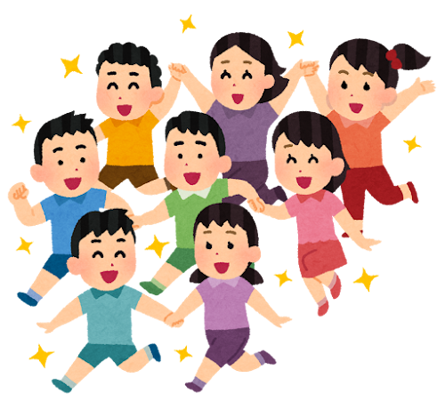 手をつないで走る子供たちのイラスト（アジア人）