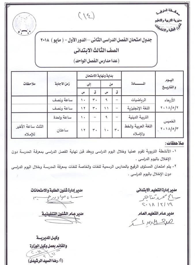 جدول امتحانات الترم الثاني 2018 محافظة المنوفية