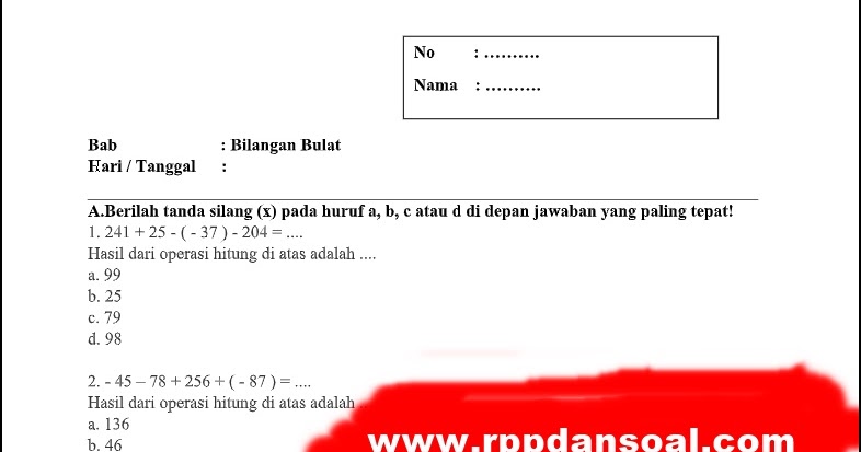 Soal Ulangan Operasi Hitung Bilangan Bulat Kelas 6 Kunci Dunia