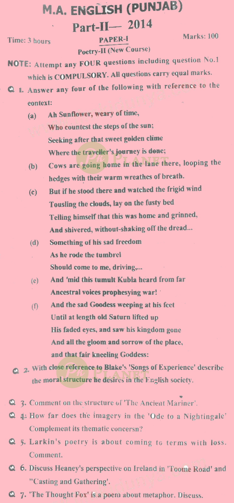 past papers of ma english part 2 punjab university 2014 poetry II