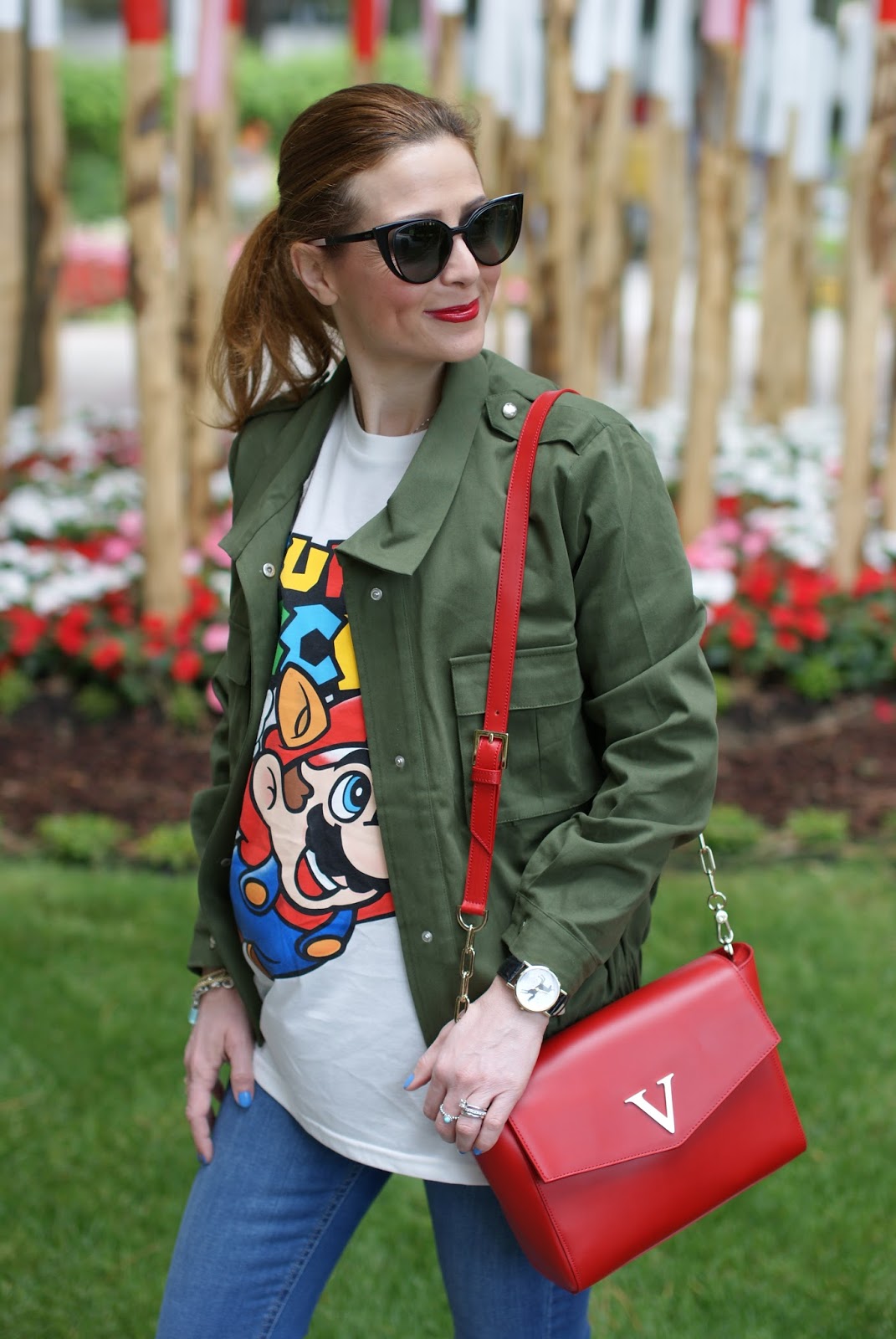 Moschino Super Moschino t-shirt with Super Mario bros, Lookbook Store army green jacket on Fashion and Cookies fashion blog, fashion blogger style
