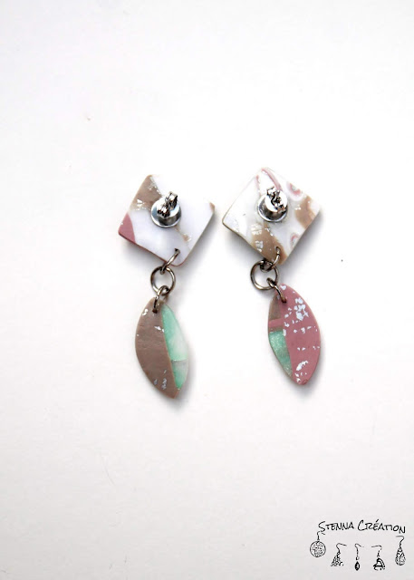 Boucles d'oreilles pâte polymère Mokume Gane Blanc Rose Antique Taupe Vert Feuilles d'Argent Stenna Création