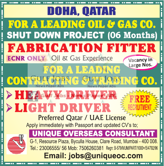 Leading Oil & Gas company Jobs for Doha Qatar free recruitment Gulf