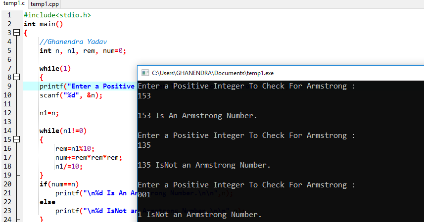 C Program To Check Number Is Armstrong Or Not using While Loop