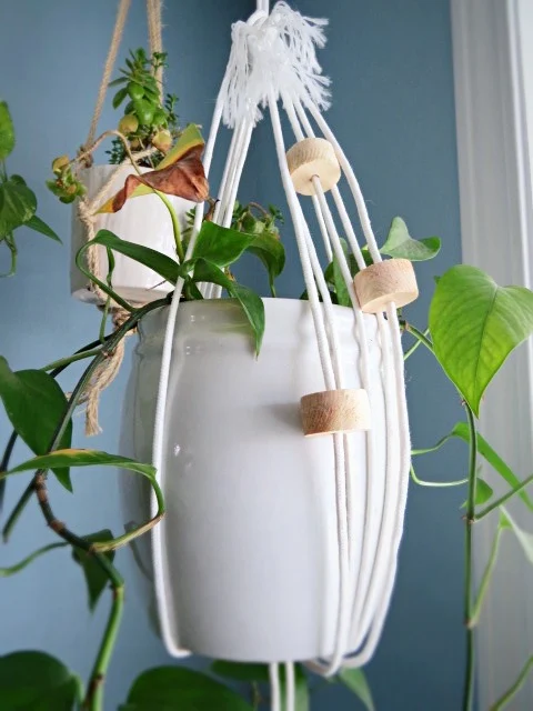 planter with clothesline and wood circle macrame