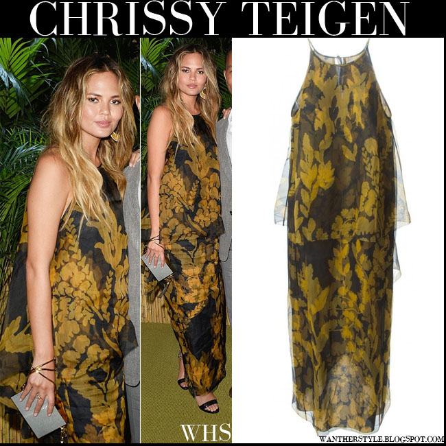 Chrissy Teigen in mustard floral print chiffon maxi dress from Lanvin