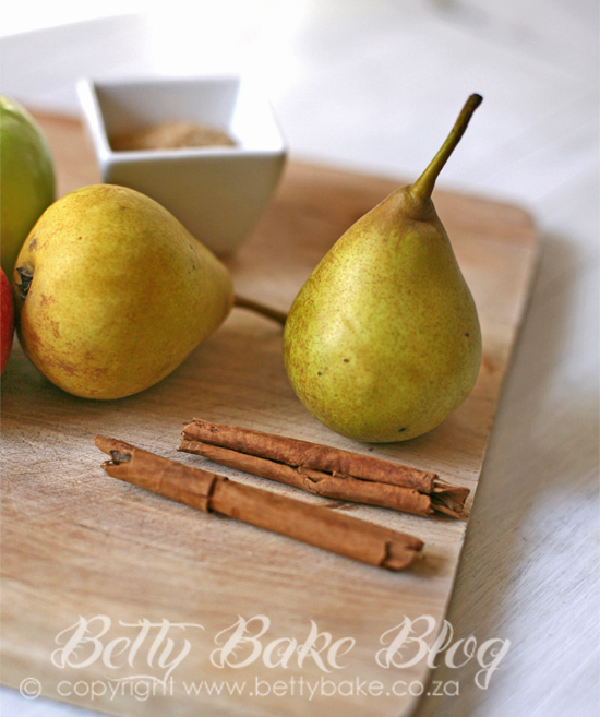 pears, cinnamon, betty bake, blog, wooden cutting board