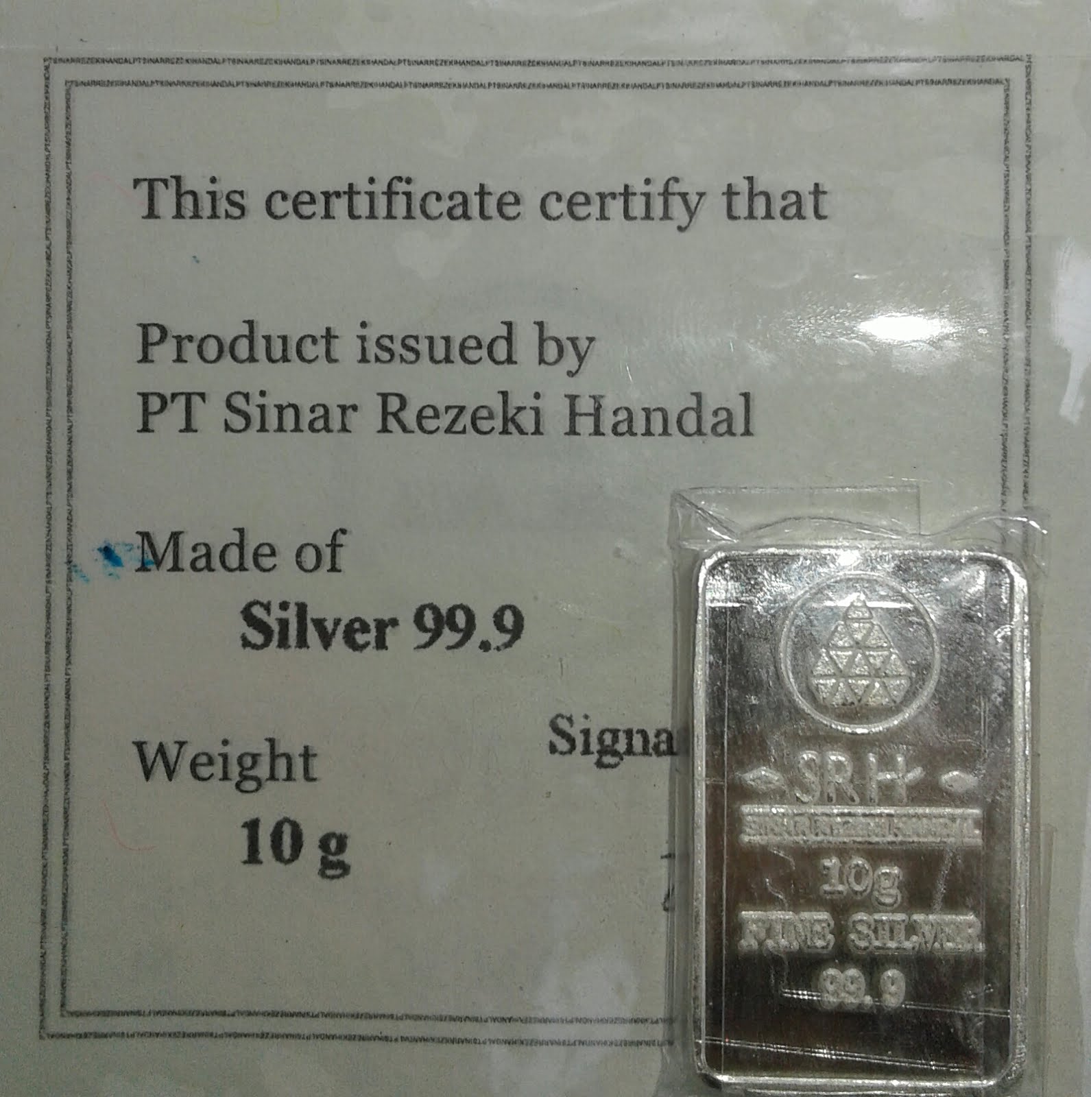 10gram Indonesia silver bar fineness 99,9% purity