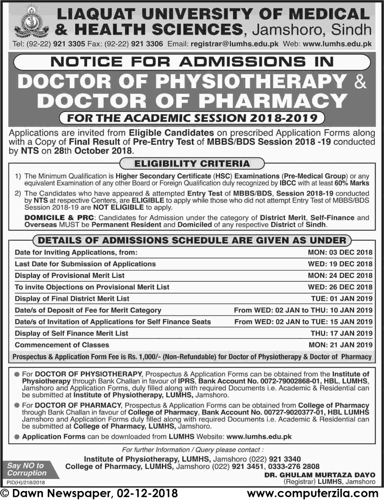 Admissions Open For Spring 2019 At LUMHS Jamshoro Campus