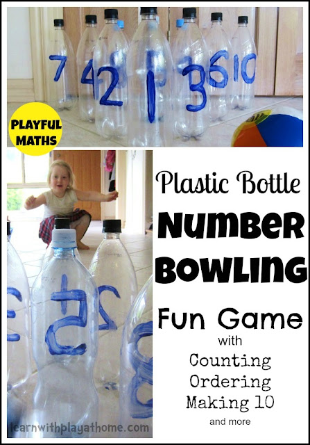 text: plastic bottle number bowling game - fun game with counting ordering and making 10 and more - bowling scene on kitchen floor with child