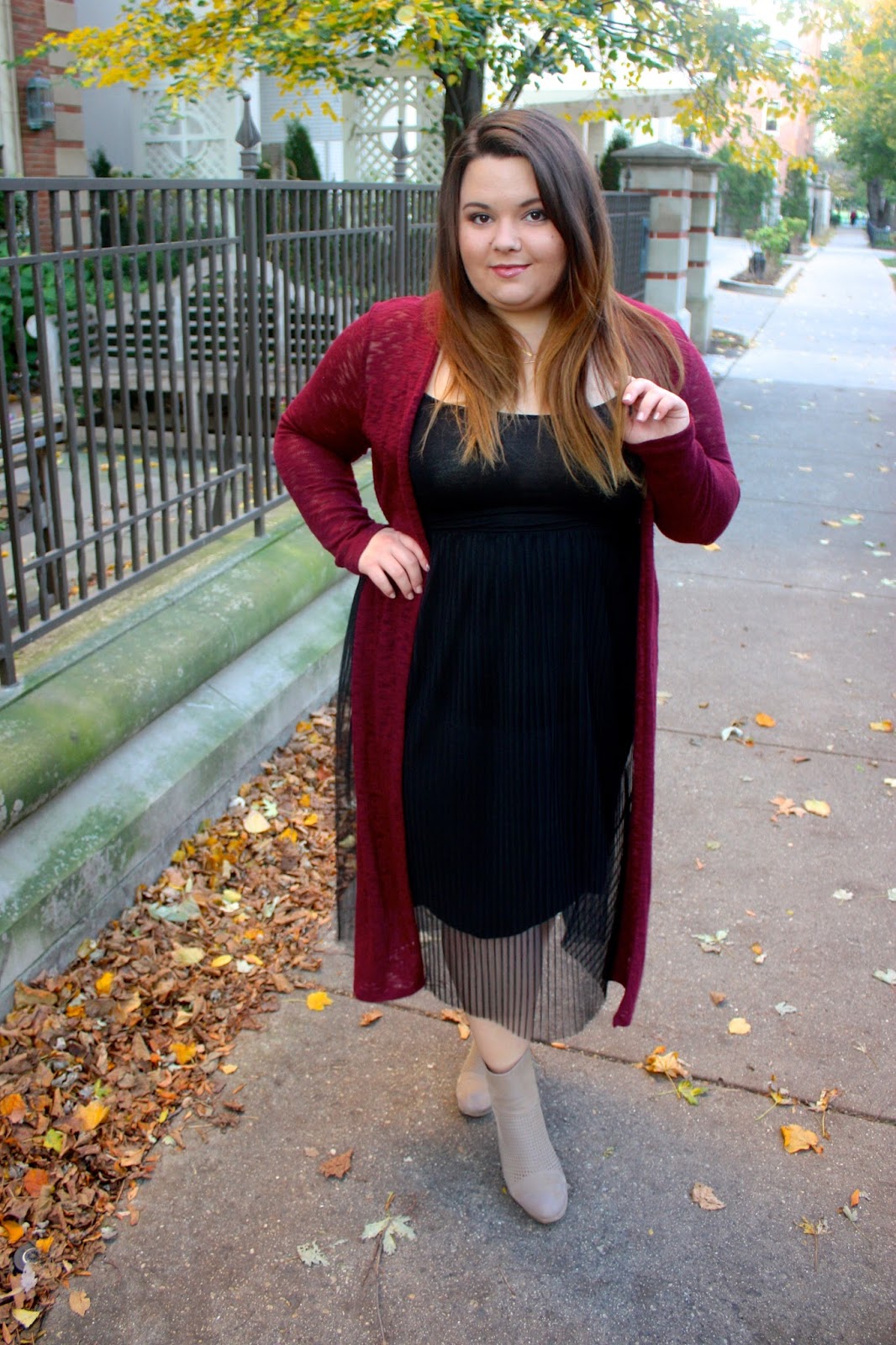 Natalie Craig, Natalie in the city, chicago, fashion blogger, plus size fashion blogger, plus size, ootd, duster cardigan, maxi cardigan, pleated tulle, tulle skirt on plus size women, full figured, see through dress, burgundy, fall fashion, chicago blogger, ankle boots for plus size, what to wear with a duster cardigan, Love EmilyD, chicago doordinate necklace