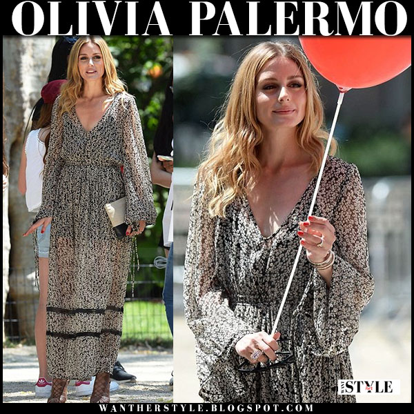 Olivia Palermo in black floral print maxi dress and brown sandals in