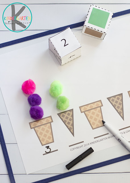 Ice Cream Math Game. Use this fun ice cream math  to help preschool, pre-k, and kindergarten age children to practice counting. Simply print the ice cream printable and you are ready to play and learn some summer math with an ice cream game!