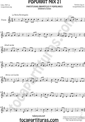  Partitura de Flauta Travesera, flauta dulce y flauta de pico La Reina Berenguela, Árbol Verde y Arroz con Leche Mix 21 Sheet Music for Flute and Recorder