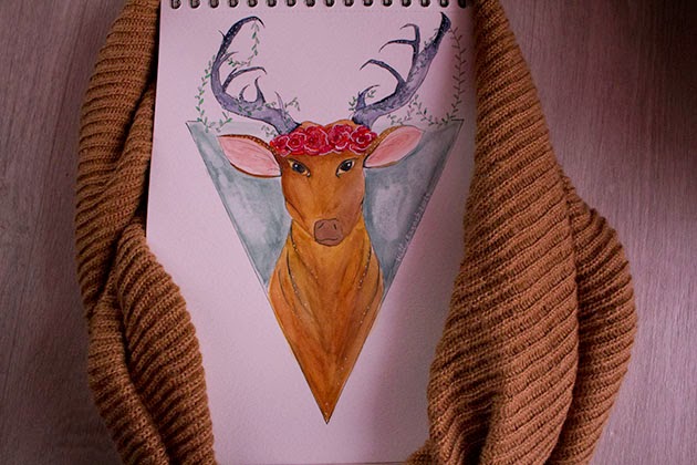 draw on monday 20, draw, dom, dessin, art, forêt, forest, deer, floral crown, aquarelle, watercolor, enjoyk, 