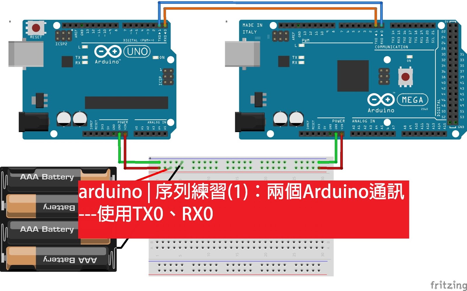 Arduino | 序列練習(1):兩個Arduino通訊---使用TX0、RX0