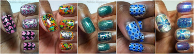 Negative Space Stamping over Pink on Pink Shatter, Rainbow Graffiti Mani, Teal and Gold Crackle Sandwich, Blue Crackle Dotticure, and the Dragonfly Double Crackle Mani