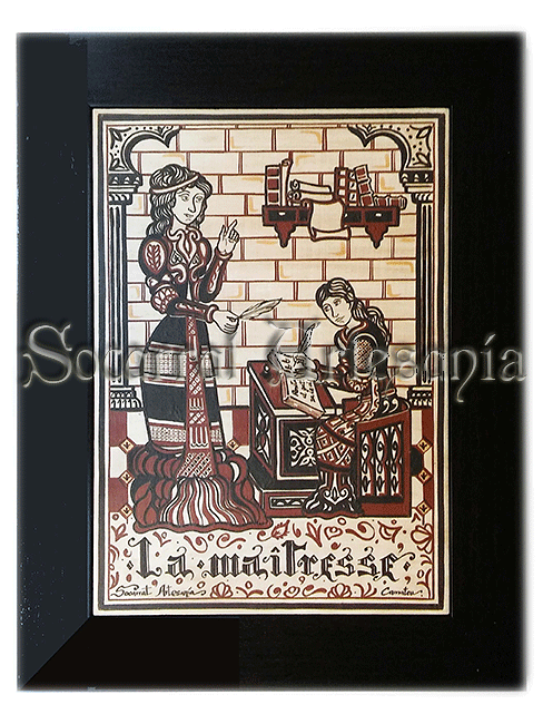 Oficio de Maestra En este bello socarrat he colocado a la maestra con su alumna, con decoración medieval y con algunos atributos típicos del Oficio. Camateu. Soc-Art. Socarrat Artesanía