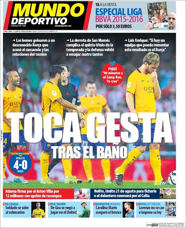 FC Barcelona, Mundo Deportivo: "Toca gesta tras el baño"
