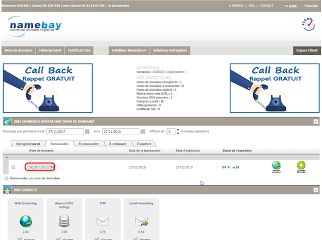 namebay - Interface de gestion de votre compte client