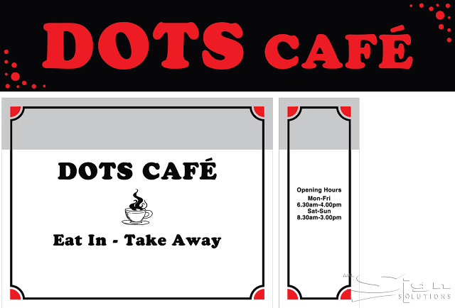Vector artwork showing a mock up of Dots Café window display and shop fascia.