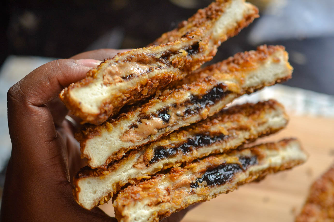 Greedy Girl Crispy Peanut butter and jelly stuffed French toast