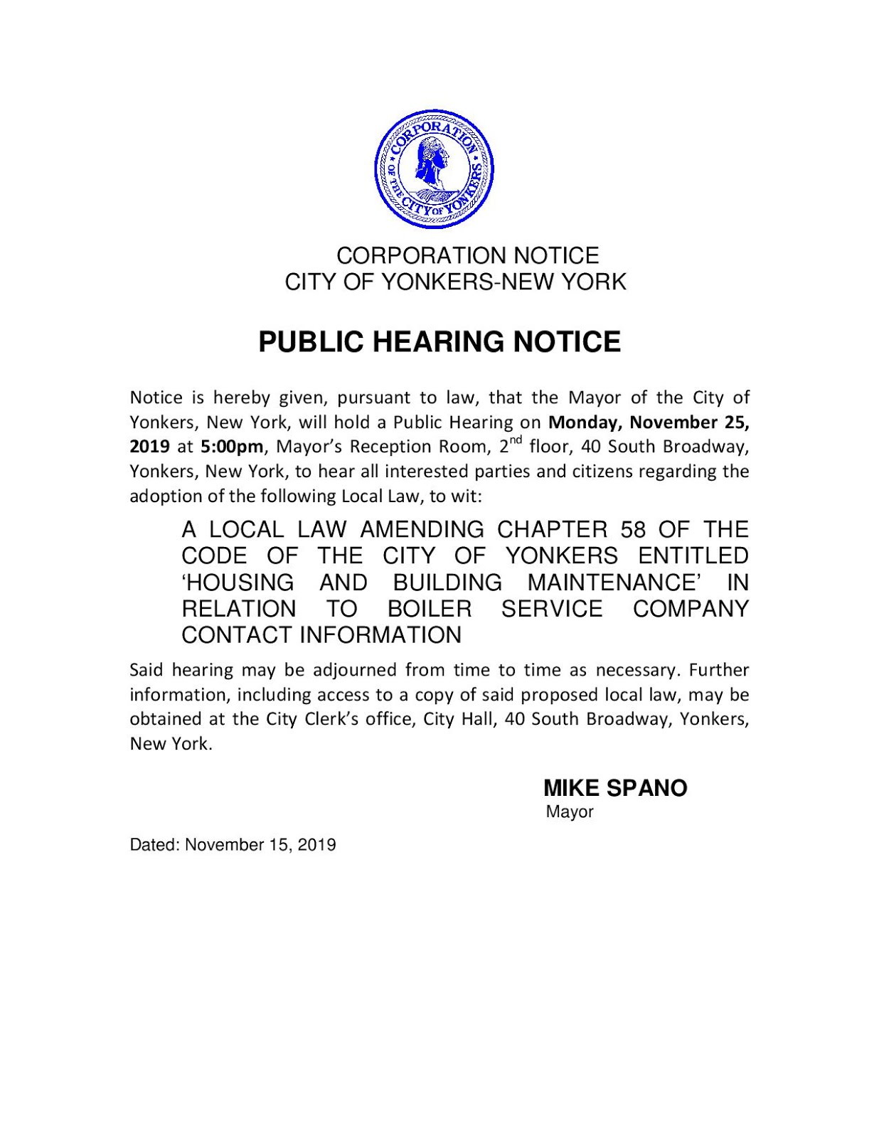 City of Yonkers: Public Hearing Notice.