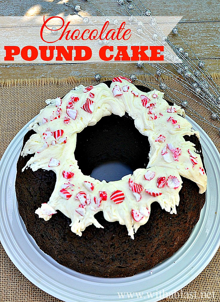 Chocolate Pound Cake ~ Super moist Chocolate Pound Cake with a to-die-for Frosting and decorated for Christmas {which can be changed to suit any occasion} #PoundCake #ChocolateCake #Christmas www.withablast.net