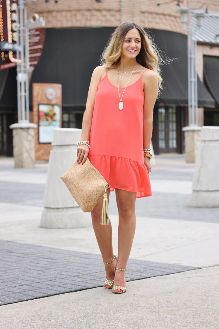 Bedazzles After Dark: Outfit Post: Coral Ruffle Hem Dress & Cork Clutch