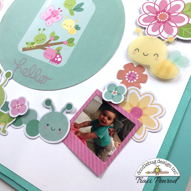 12x12 Spring Scrapbook Page Layout with flowers, bees, & a caterpillar