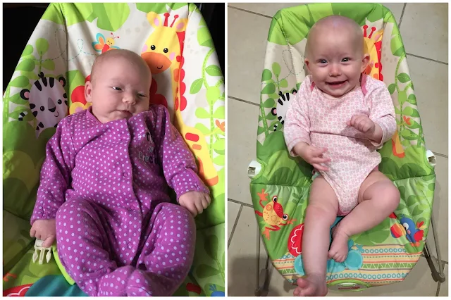 picture of Little at 1 week old and at 6 months old in the same Fisher Price bouncer chair