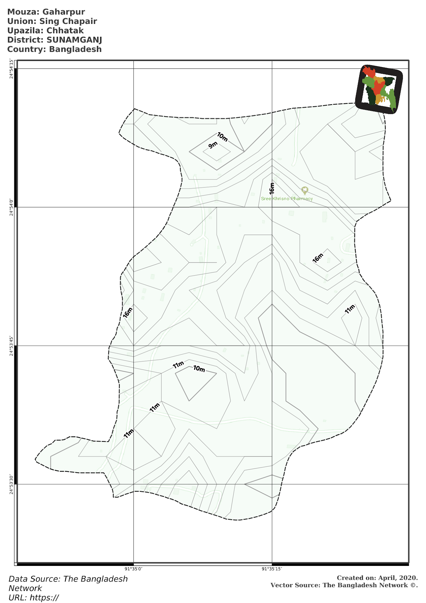 Map of Gaharpur Mouza of Chhatak Upazila, SUNAMGANJ, Bangladesh.