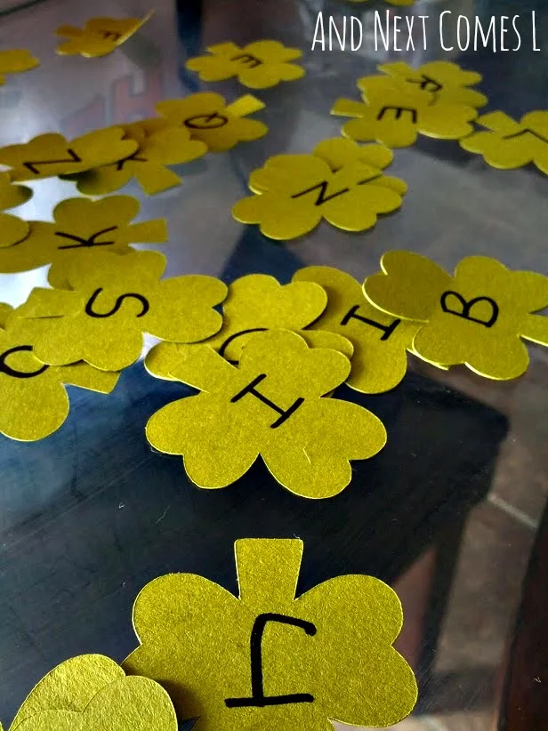 Alphabet shamrocks for St. Patrick's Day literacy learning from And Next Comes L
