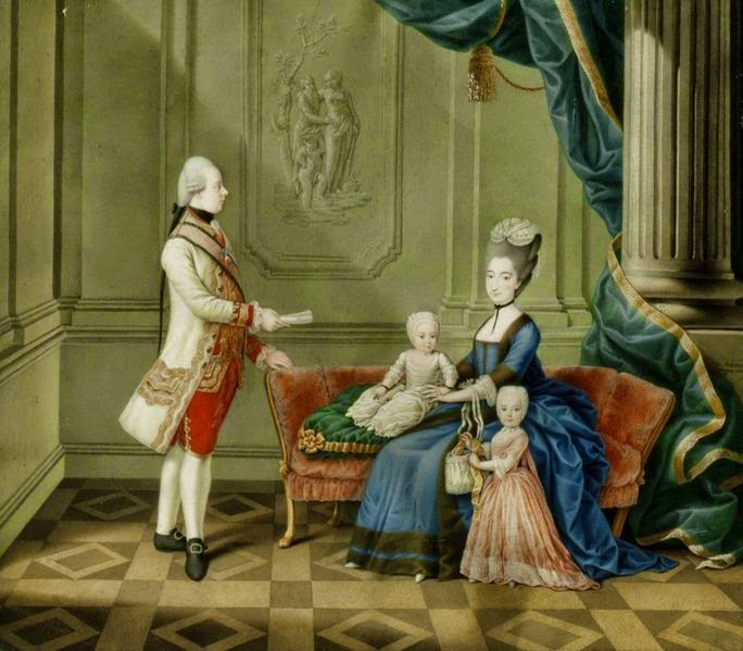 Ferdinand and Maria Beatrice with their children, Maria Leopoldine and Maria Theresia, Gaetano Mediolani Peregus, 1776