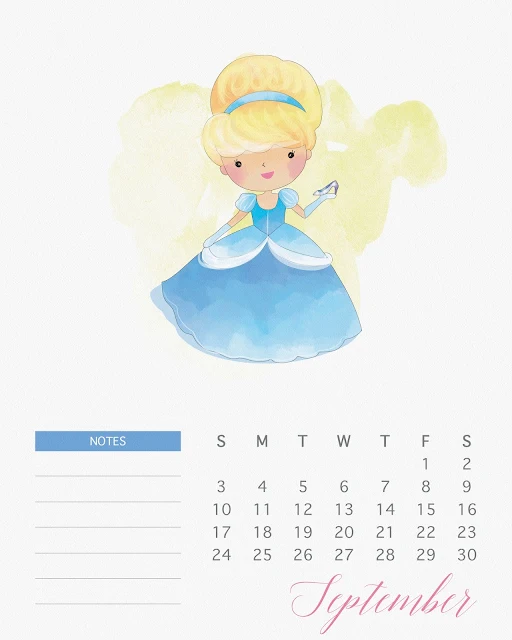 Calendario 2017 de las Princesas Disney para Imprimir Gratis  Septiembre.